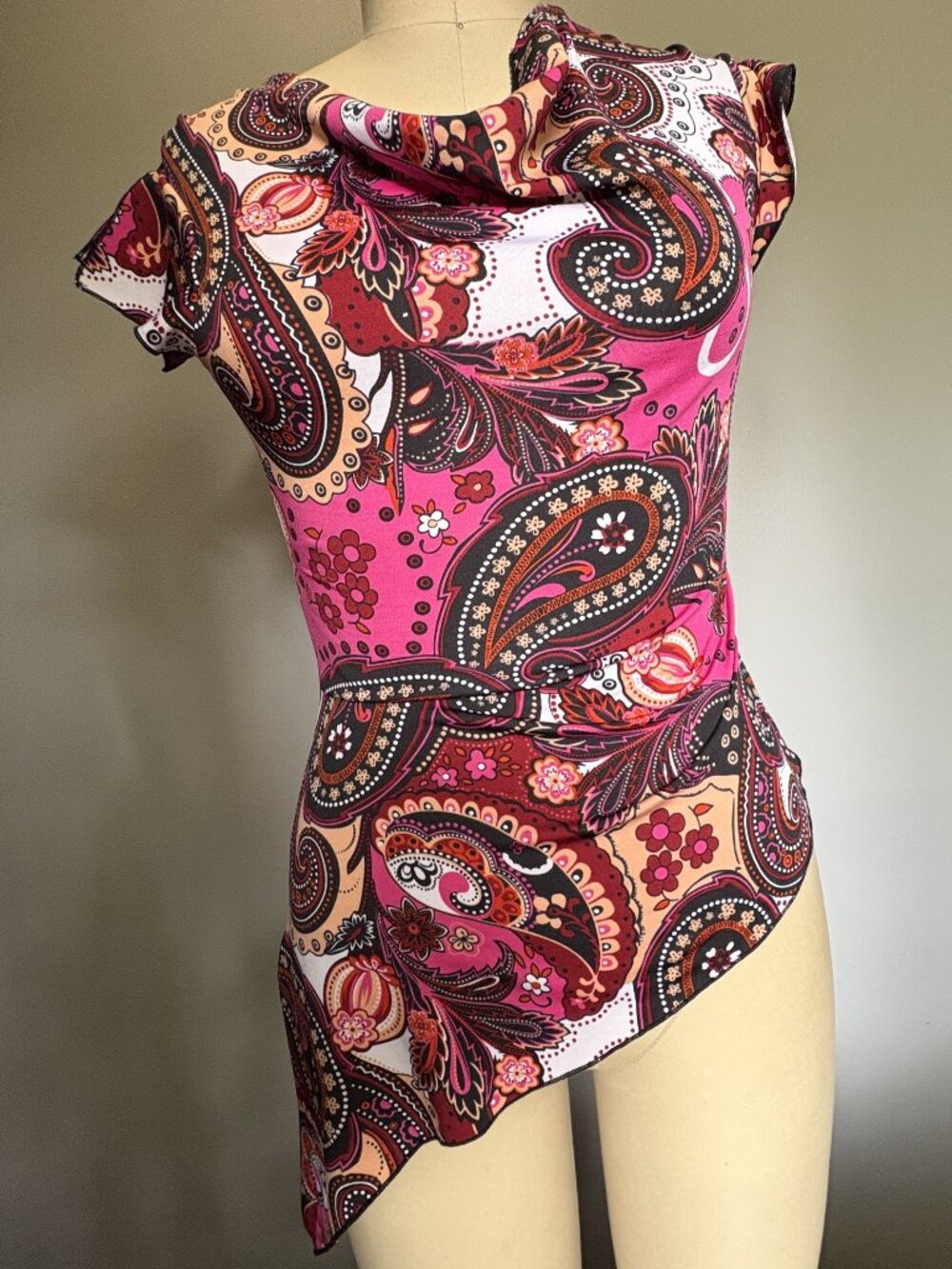 Vintage Y2K Dynamite Pink Paisley Asymmetrical Cowl Neck Top